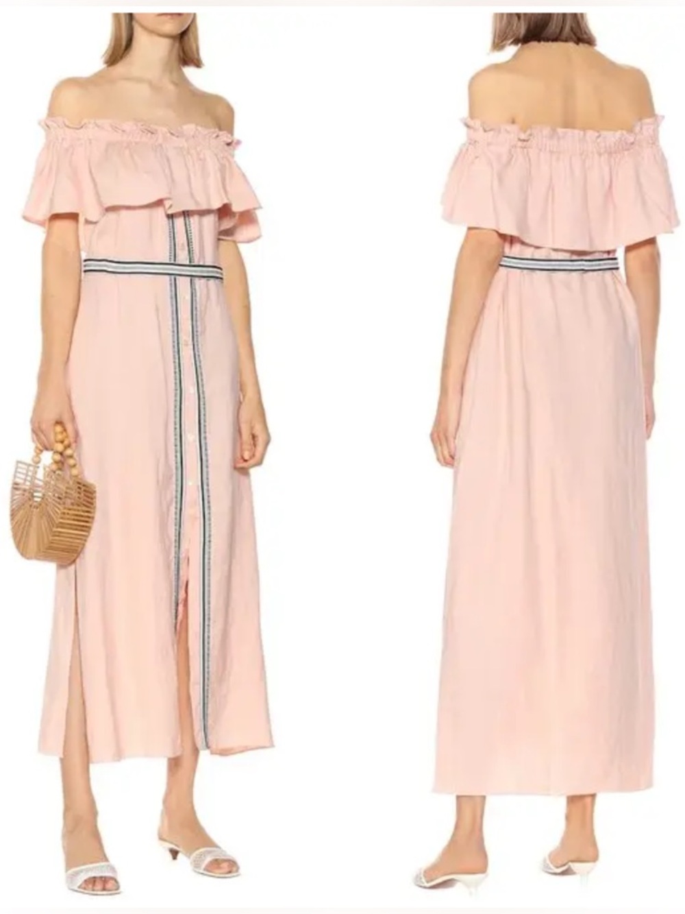 Lemlem Koki Linen/Viscose Light Salmon Off-the-Shoulder Midi Dress NWT $455